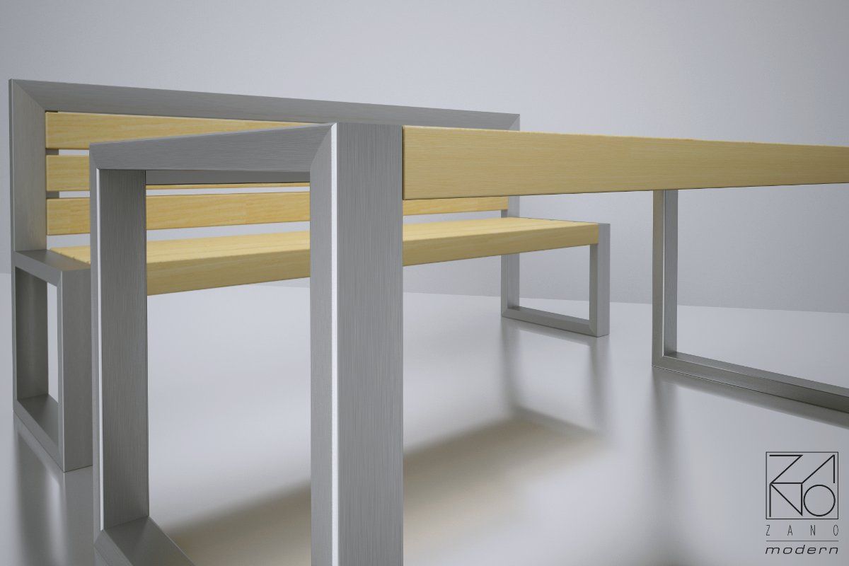 Stainless steel tables and benches with wooden elements