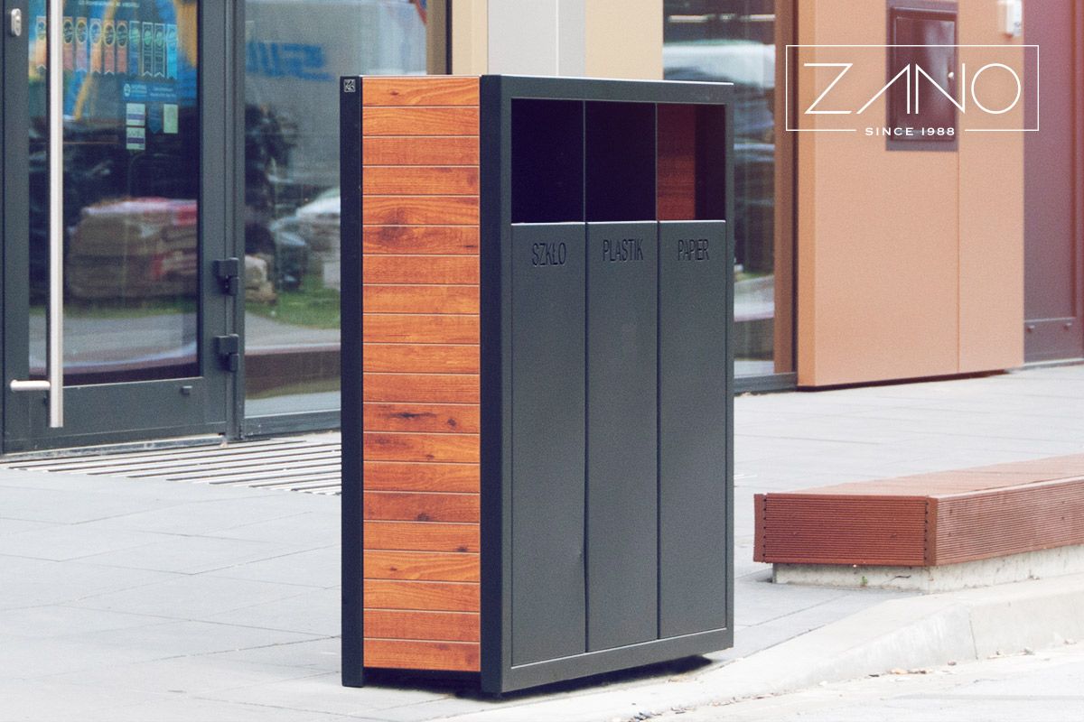 Pavo, wood and steel recycling bin ZANO Street Furniture