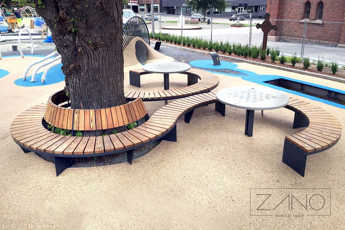 Domino benches made of carbon steel and egzotic wood