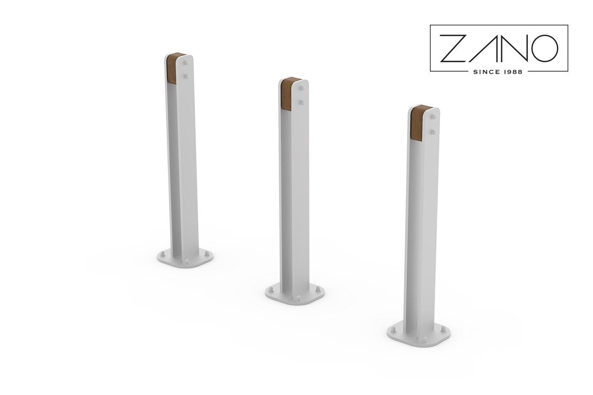 Street bollards made of stainless steel and wood