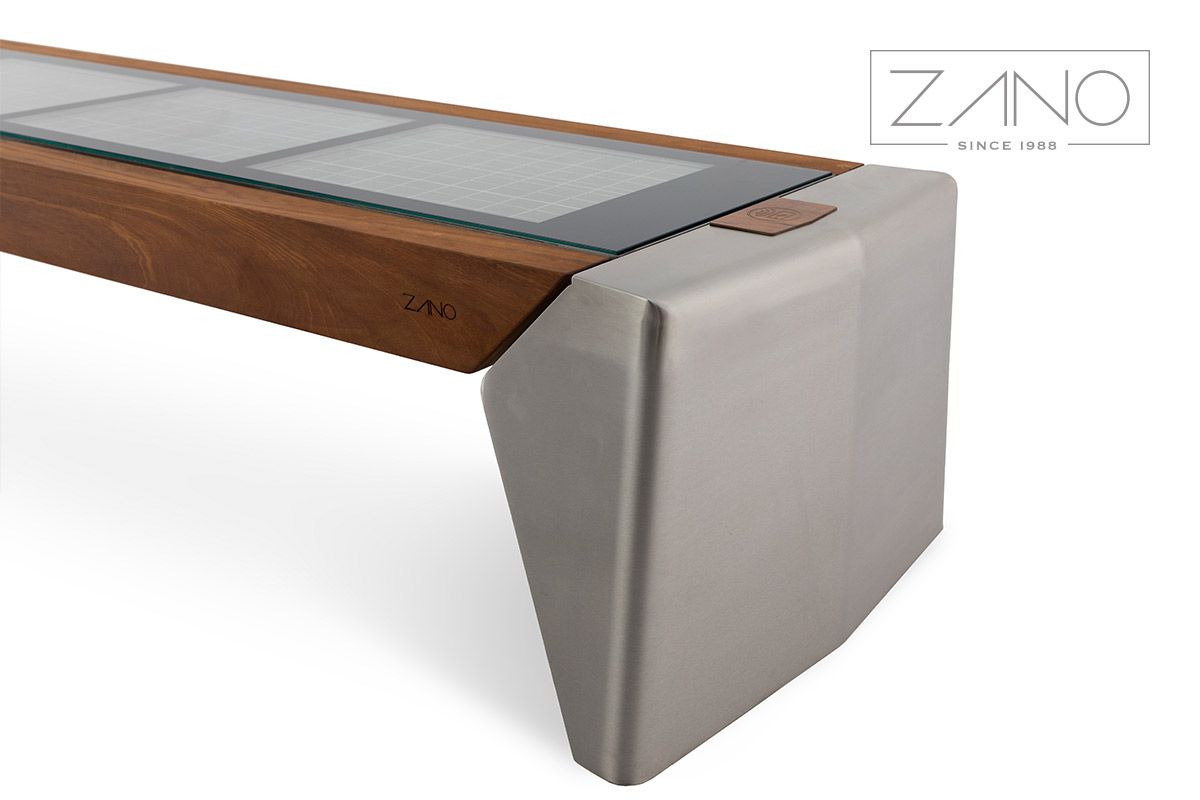 Smart city bench | Robust and durable photovoltaic bench made of stainless steel, tempered glass and exotic wood