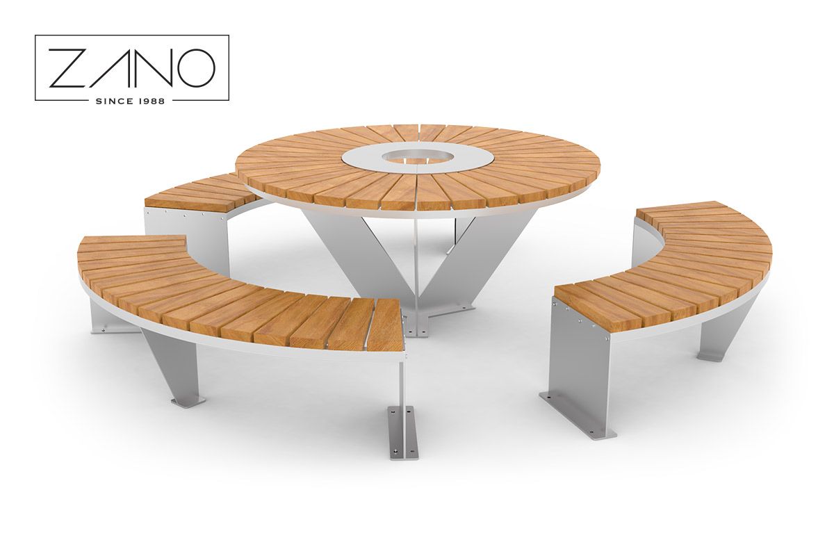 Street furniture set including Domino outdoor table and Domino bench 90 made of stainless steel and spruce wood