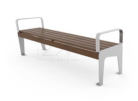 Park bench witthout backrest and with armrests made of stainless steel and spruce wood lacquered in walnut colour