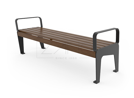 Park bench witthout backrest and with armrests made of carbon steel and spruce wood lacquered in walnut colour