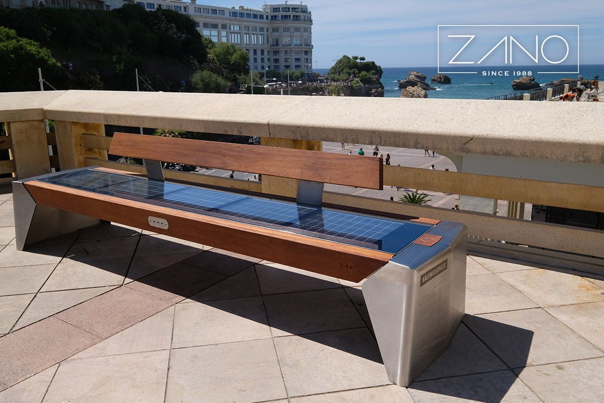 Smart solar bench made of stainless steel and iroko wood painted on teak color