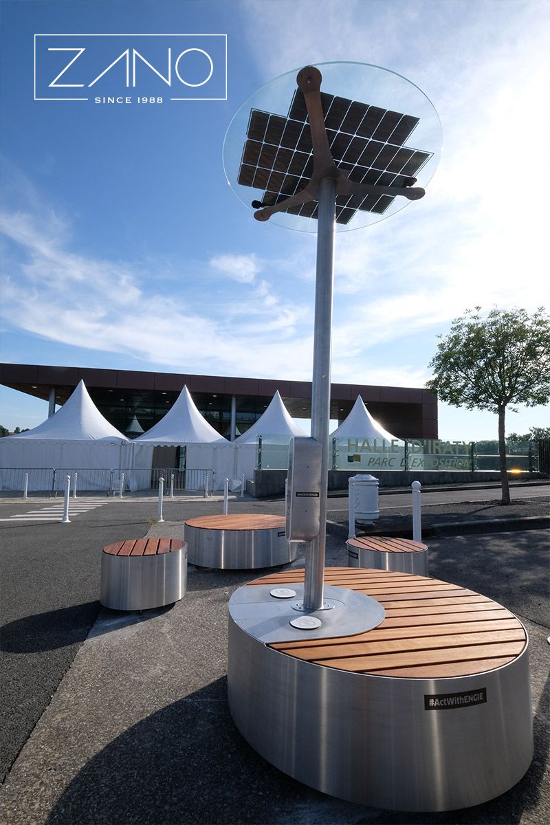 Universe solar station with bench made of stainless steeel and exotic wood