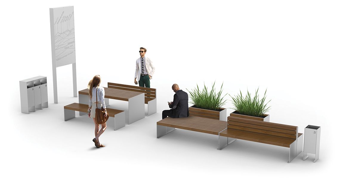 Street furniture line Simple: city benches, litter bins, trash cans, planters, info boards