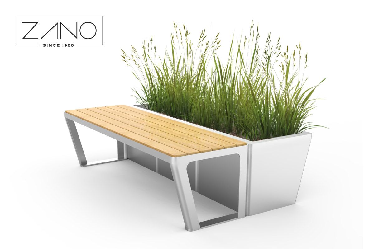 Outdoor bench with flowerpot made of stainless steel and wood