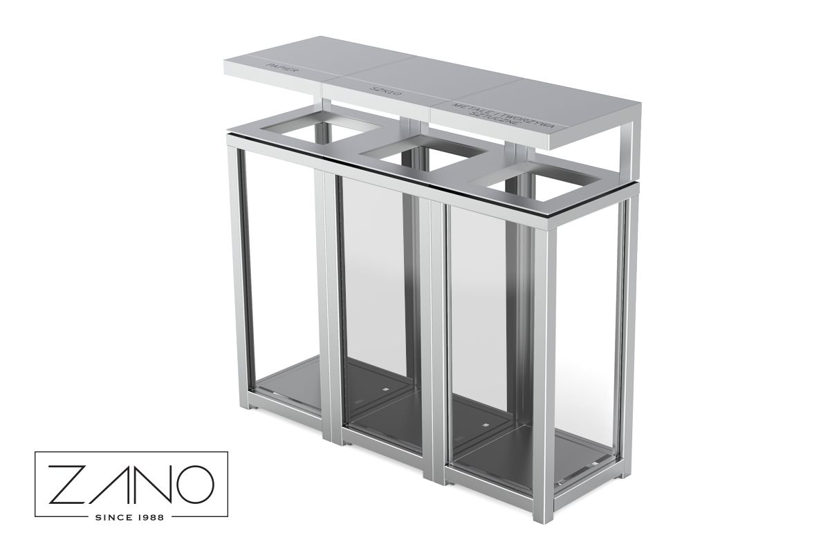 Three-chamber recycling bin made of stainless steel and transparent plexiglass