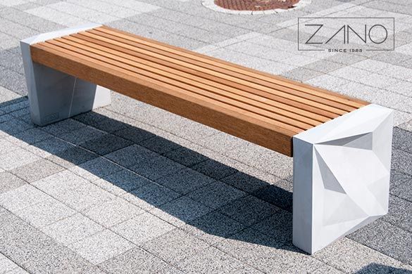 Street bench Trigono made of exotic wood and concrete