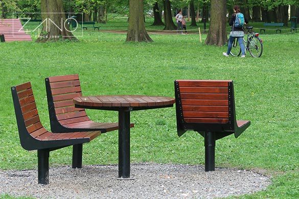 Park furniture made of steel and wood in mahogany colour