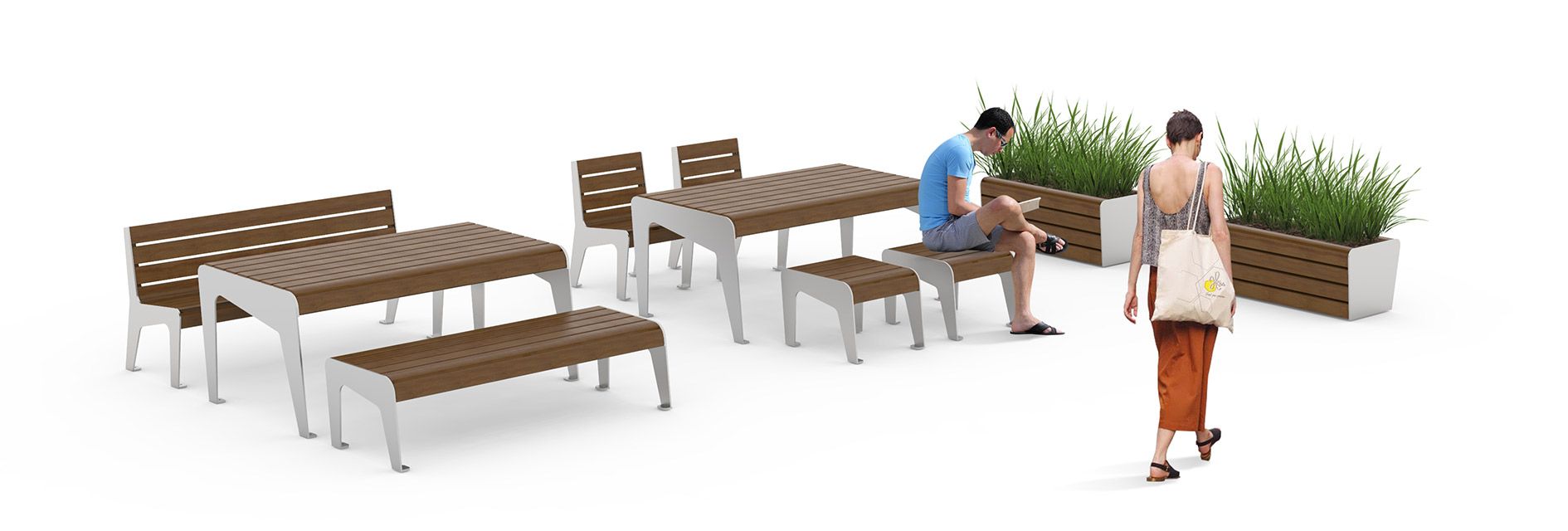 Urban furniture: benches, tables, seats, planters