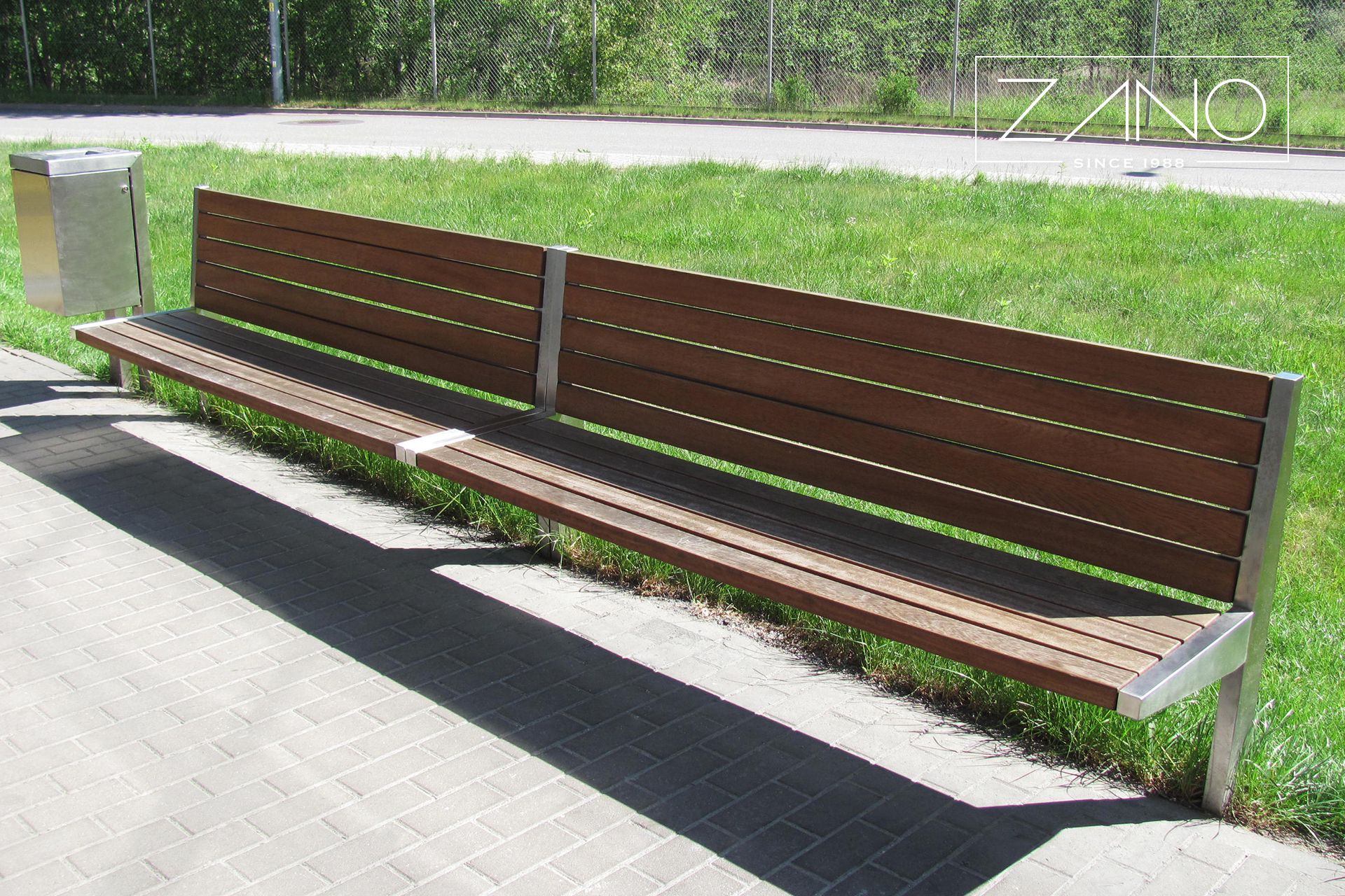 Park benches made of steel and hardwood