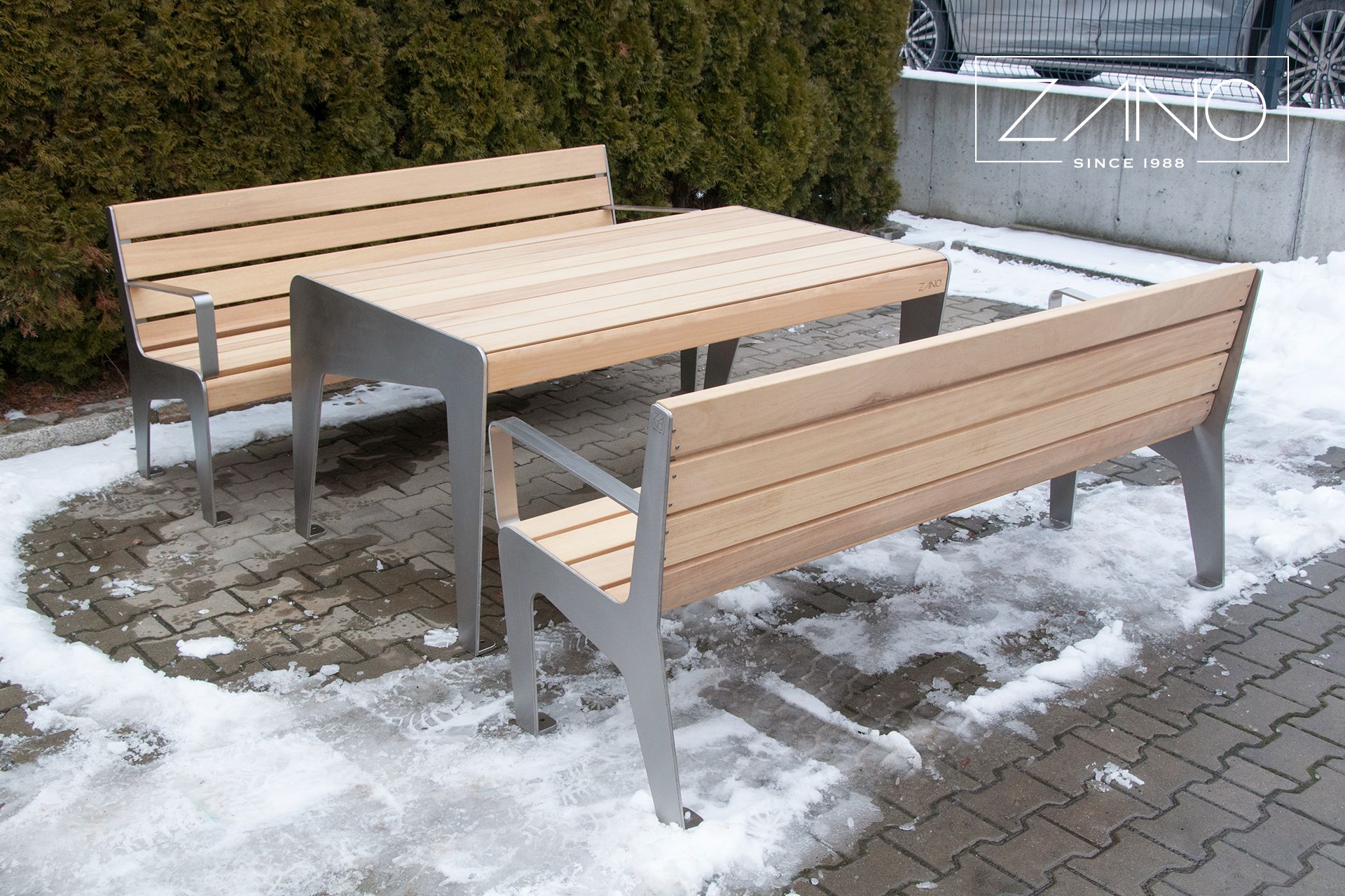 Park table and bench made of stainless steel and hardwood
