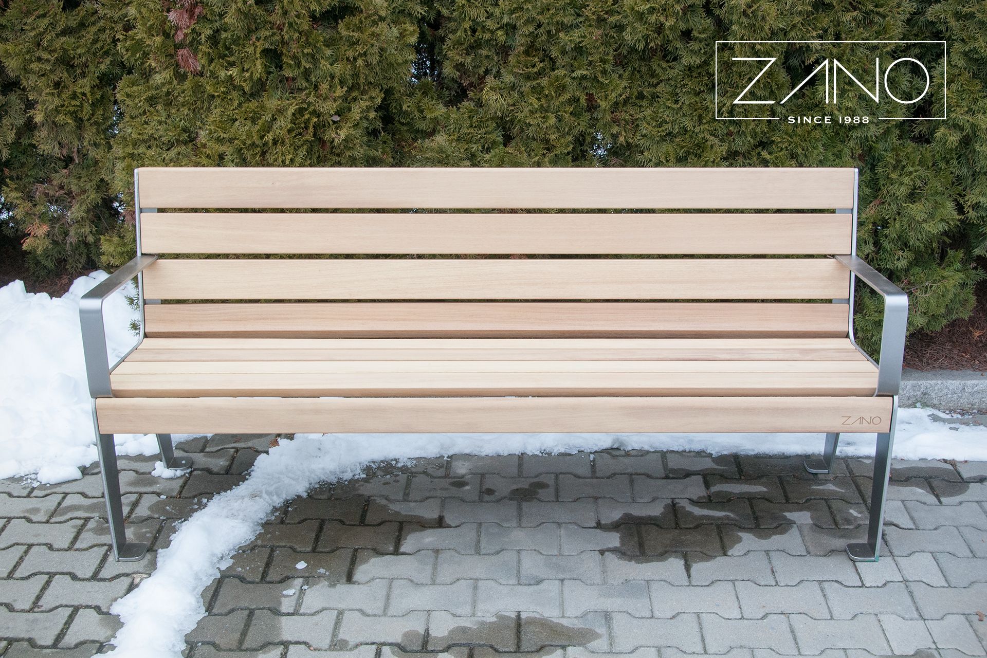 City bench made of stainless steel and hardwood