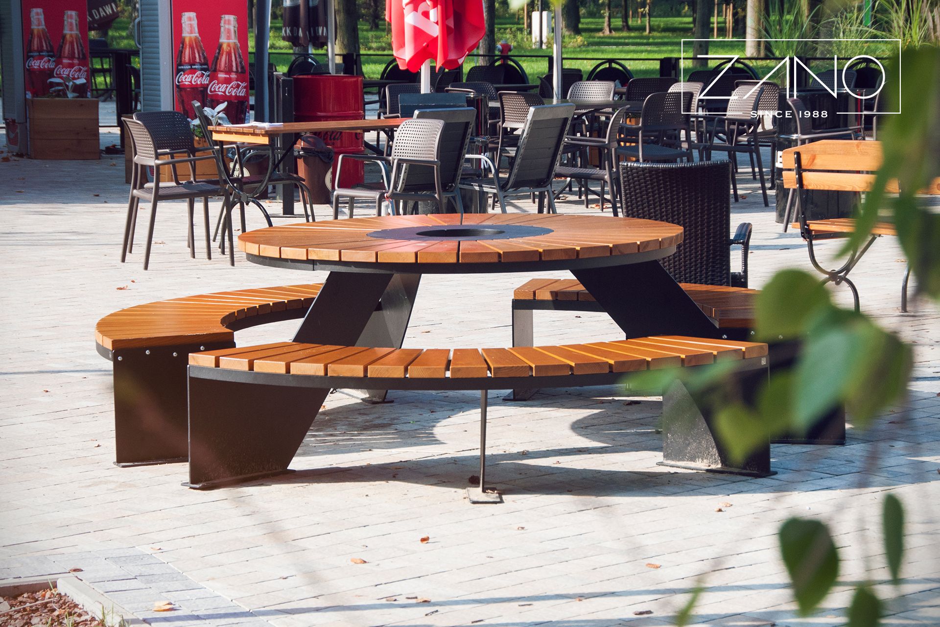 Steel, wooden, outdoor tables