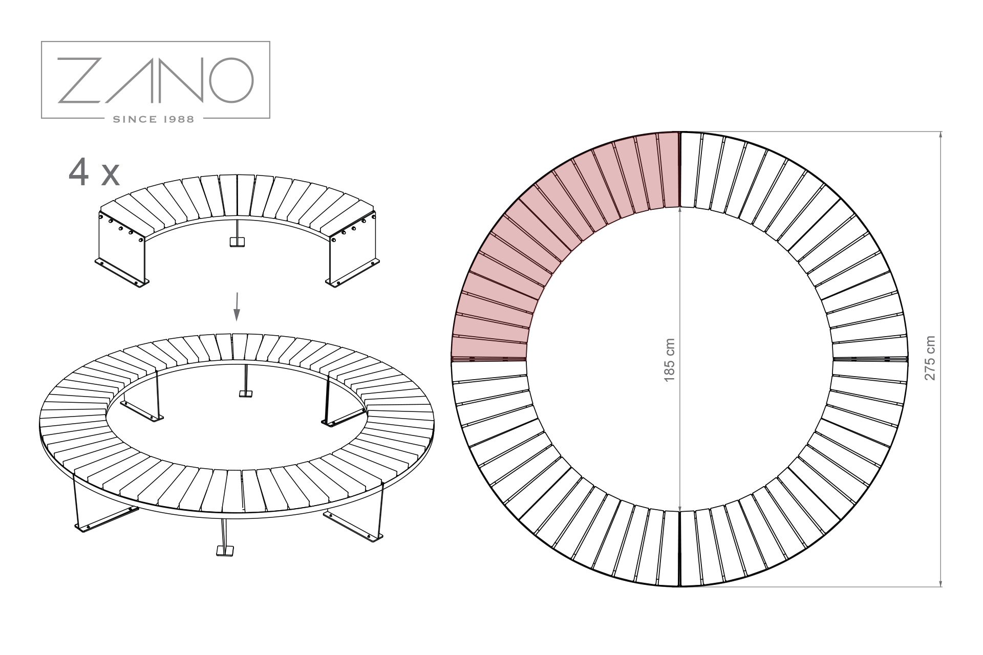 Domino bench 90 02.440.1 | dimensions of four segments