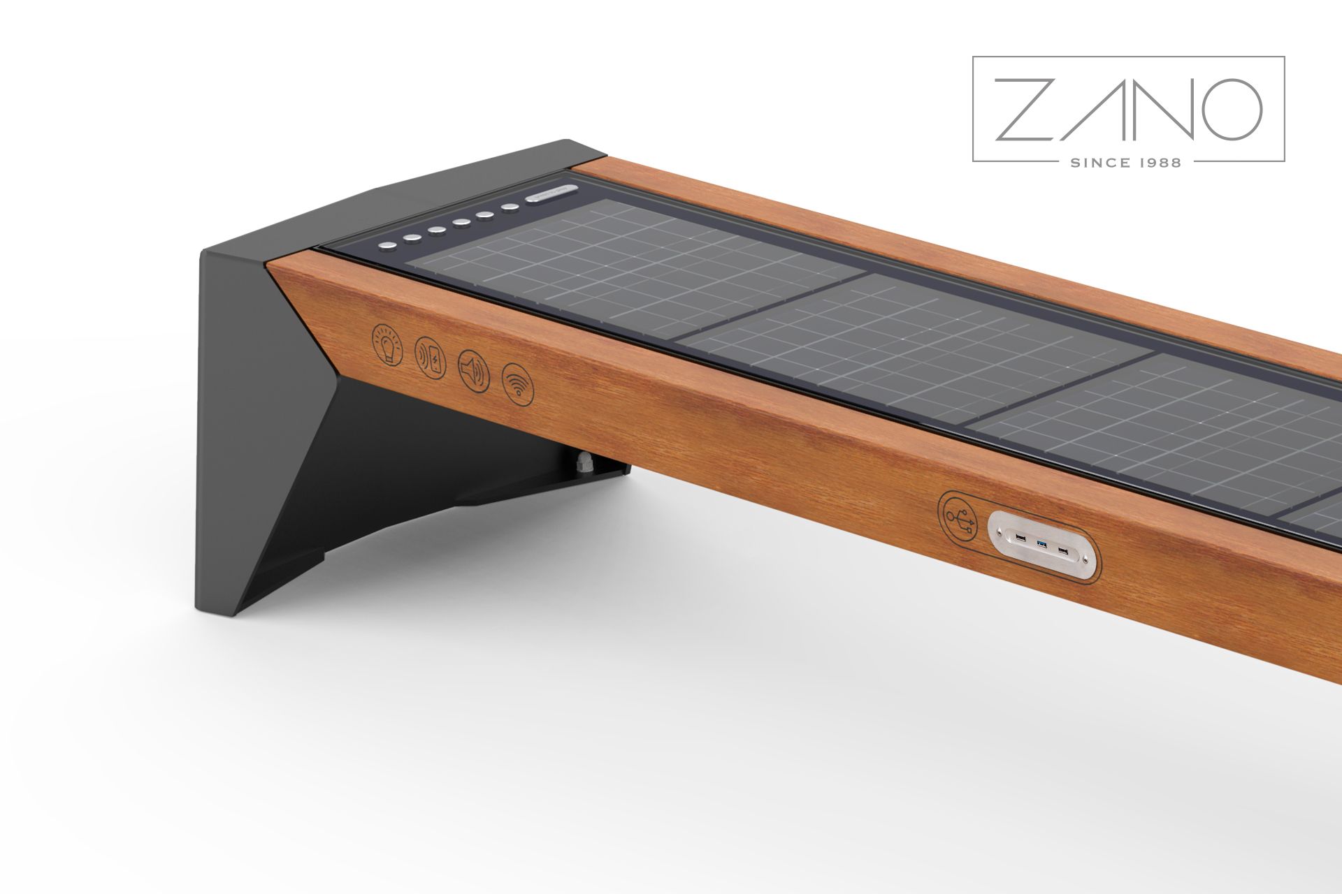 Solar-powered bench Photon as a device charger, Wi-Fi hotspot