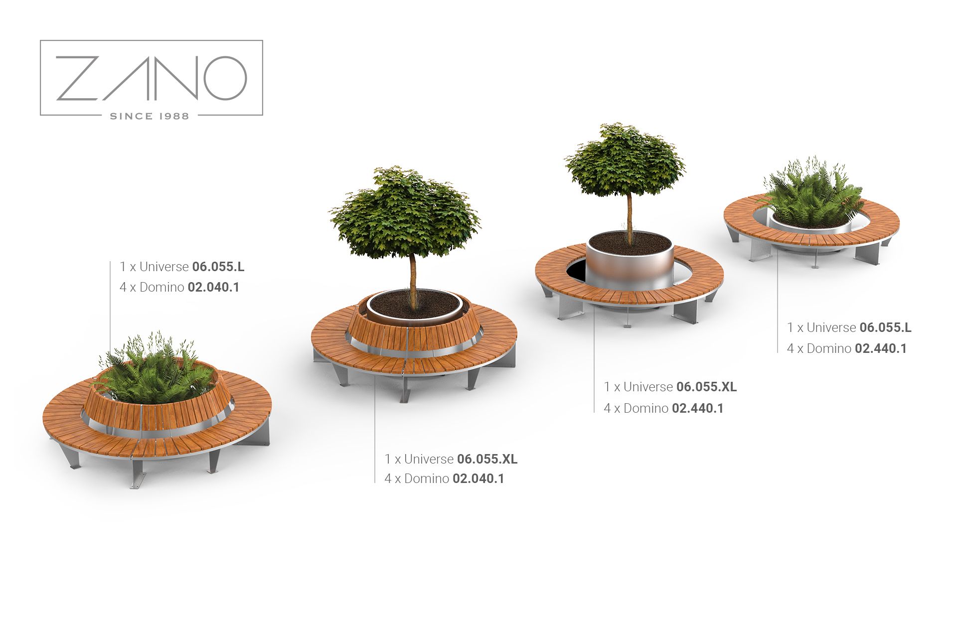 Half-round city benches with planters Domino