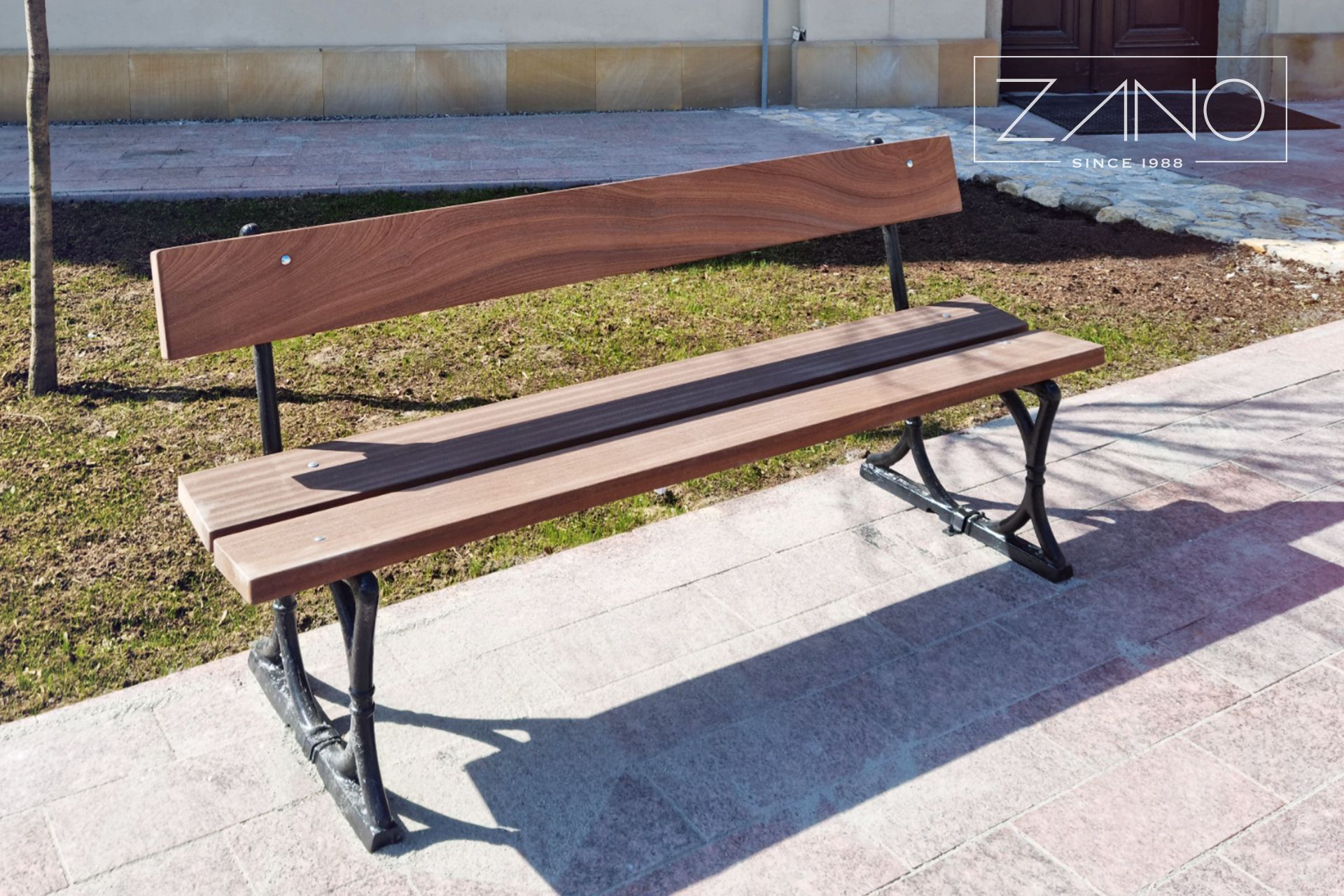 Retro style urban bench made of cast iron and lacquered wood