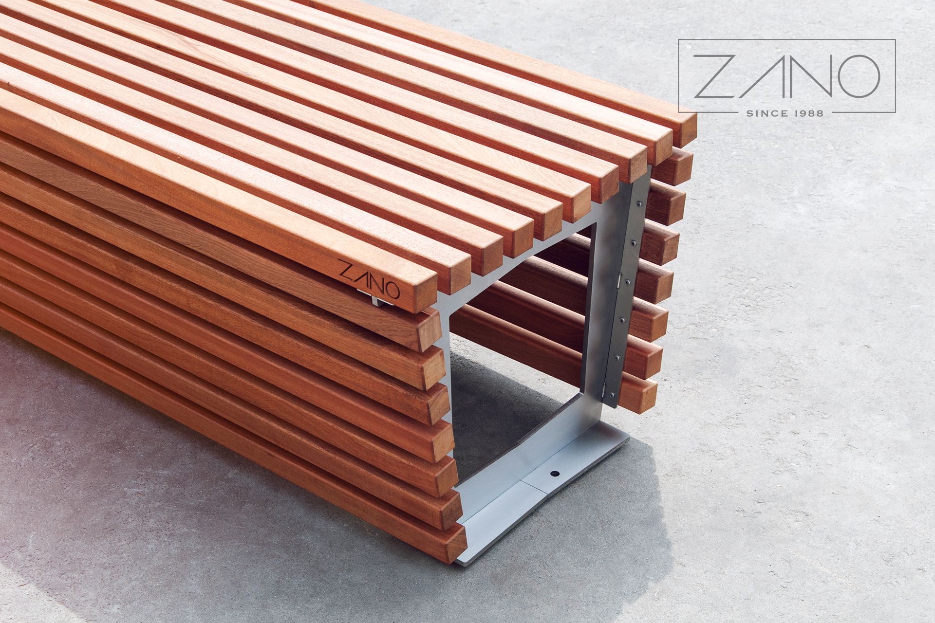 Park bench made of steel and hardwood